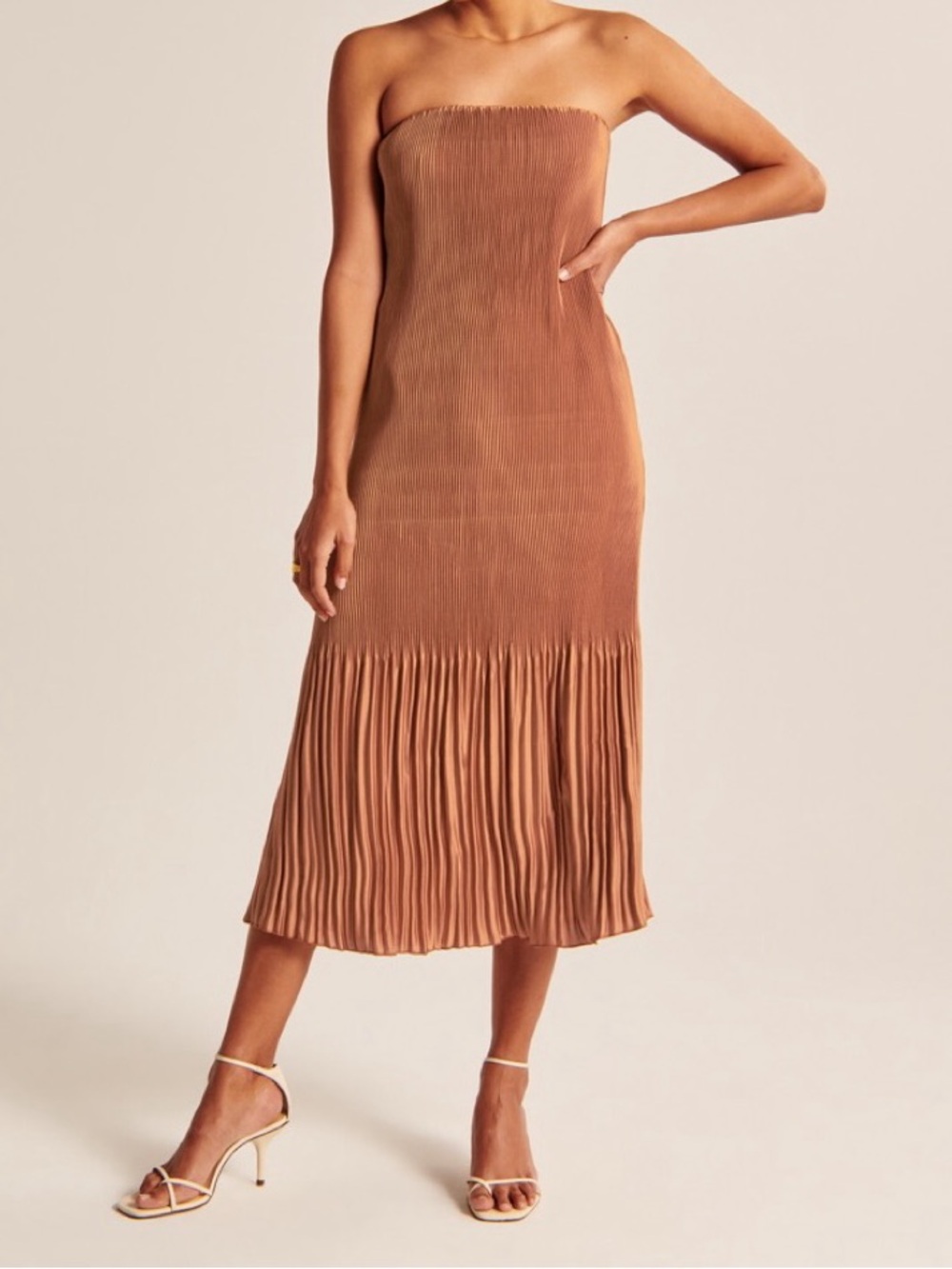 071 - Abercrombie & Fitch Rust Orange Strapless Pleated Midi Dress SZ XSP